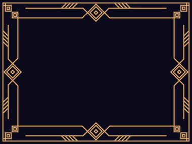 Art deco çerçeve. Klasik doğrusal sınır. Davetiyeler, broşürler ve tebrik kartları için bir şablon tasarla. Geometrik altın çerçeveli. 1920 'lerin tarzı - 1930' lar. Vektör illüstrasyonu