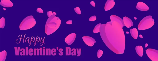 Happy Valentine Day Horizontal Banner Hearts Isometric Hearts Purple Gradient — Stock Vector
