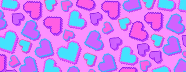 Buon San Valentino Pixel Art Cuori Banner Orizzontale Cuori Bit — Vettoriale Stock
