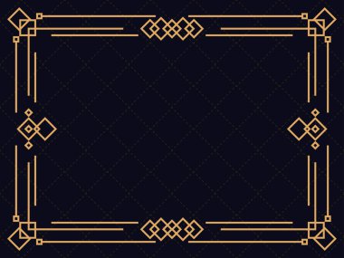 Art deco çerçeve. Klasik doğrusal sınır. Davetiyeler, broşürler ve tebrik kartları için bir şablon tasarla. Geometrik altın çerçeveli. 1920 'lerin tarzı - 1930' lar. Vektör illüstrasyonu