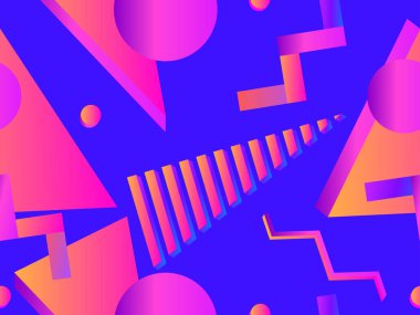 80 'lerin tarzında 3 boyutlu geometrik şekilli kusursuz desen. Renkli geometrik şekilli bir arkaplan. Promosyon ürünleri tasarımı, ambalaj kağıdı ve baskı. Vektör illüstrasyonu