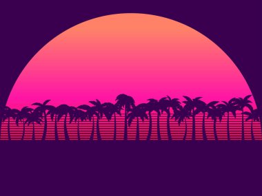 80 'lerin tarzında palmiye ağaçları ve günbatımı olan tropik bir manzara. Yaz zamanı. Reklam broşürleri, posterler ve seyahat acenteleri için kızıl güneş tasarımı. Vektör illüstrasyonu