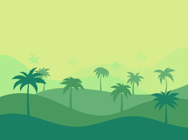 Тропический Пейзаж Пальмами Зеленых Тонах Силуэты Пальм Холмах Летнее Время — стоковый вектор