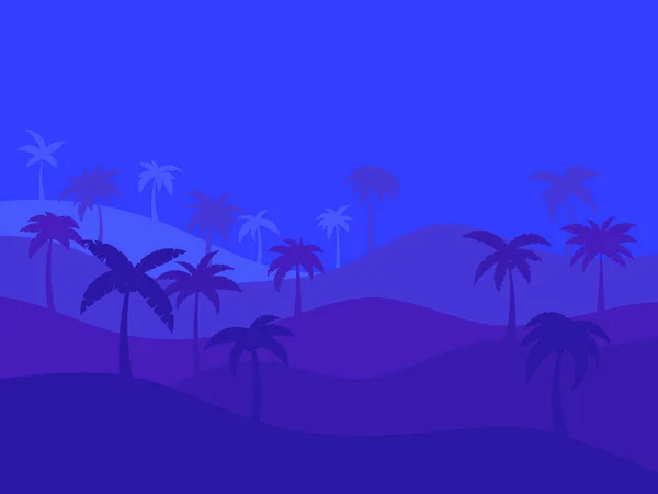 Paesaggio Tropicale Notturno Con Palme Dai Toni Blu Scuro Silhouette — Vettoriale Stock