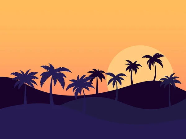 日出时带棕榈树的景观 风格简约 山上棕榈树的轮廓 夏天的时候设计广告小册子 招贴画和旅行社 矢量说明 — 图库矢量图片