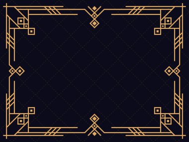 Art deco çerçeve. Klasik doğrusal sınır. Davetiyeler, broşürler ve tebrik kartları için bir şablon tasarla. Geometrik altın çerçeveli. 1920 'lerin tarzı - 1930' lar. Vektör illüstrasyonu