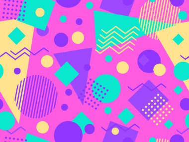 80 'lerin memphis tarzında geometrik şekilli kusursuz desen. Kaotik geometriyle soyut bir arkaplan. Broşürler, afişler ve promosyon malzemeleri için tasarım. Vektör illüstrasyonu
