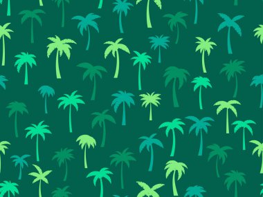 Palmiye ağaçlarının yeşil renginde pürüzsüz desen. Egzotik yaz tropikal arka planı. Kumaş, ambalaj kağıdı ve afiş basmak için palmiye ağaçları tasarlandı. Vektör illüstrasyonu