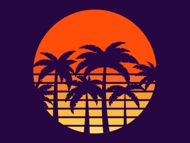 Günbatımında 80 'lerin stiliyle geçmişe dönük palmiye ağaçları. Yaz zamanı, güneşin arka planında palmiye ağaçları, sentetik dalga tarzı. Reklam broşürleri ve afişler için tasarım. vektör illüstrasyonu