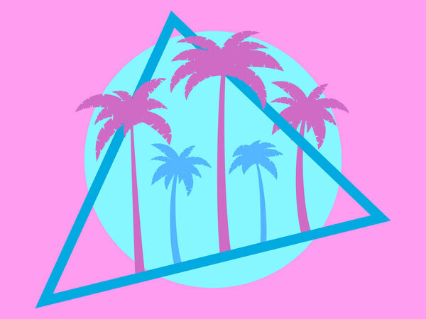 Ретро футуристические пальмы в стиле 80-х на закате. Летнее время, пальмы на фоне солнца, синхронный стиль. Дизайн рекламных брошюр и баннеров. векторная иллюстрация