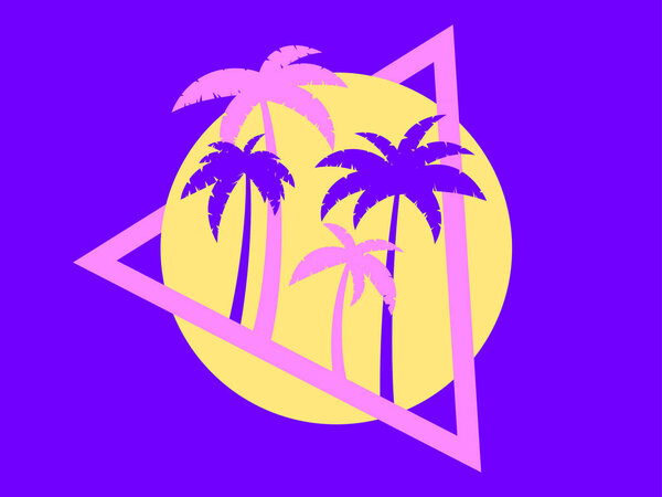 Ретро футуристические пальмы в стиле 80-х на закате. Летнее время, пальмы на фоне солнца, синхронный стиль. Дизайн рекламных брошюр и баннеров. векторная иллюстрация