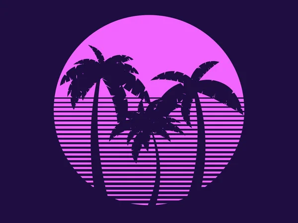 Palmeras Futuristas Retro Estilo Atardecer Hora Verano Palmeras Fondo Del — Vector de stock