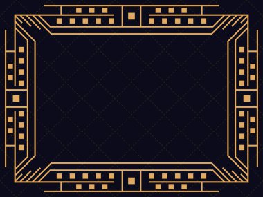 Art deco çerçeve. Klasik doğrusal sınır. Davetiyeler, broşürler ve tebrik kartları için bir şablon tasarla. Geometrik altın çerçeveli. 1920 'lerin tarzı - 1930' lar. Vektör illüstrasyonu