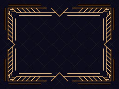 Art deco çerçeve. Klasik doğrusal sınır. Davetiyeler, broşürler ve tebrik kartları için bir şablon tasarla. Geometrik altın çerçeveli. 1920 'lerin tarzı - 1930' lar. Vektör illüstrasyonu