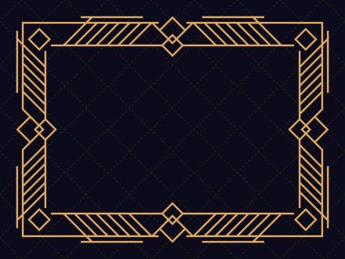 Art deco çerçeve. Klasik doğrusal sınır. Davetiyeler, broşürler ve tebrik kartları için bir şablon tasarla. Geometrik altın çerçeveli. 1920 'lerin tarzı - 1930' lar. Vektör illüstrasyonu