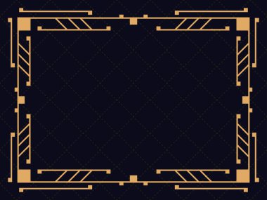 Art deco çerçeve. Klasik doğrusal sınır. Davetiyeler, broşürler ve tebrik kartları için bir şablon tasarla. Geometrik altın çerçeveli. 1920 'lerin tarzı - 1930' lar. Vektör illüstrasyonu
