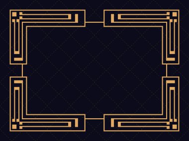 Art deco çerçeve. Klasik doğrusal sınır. Davetiyeler, broşürler ve tebrik kartları için bir şablon tasarla. Geometrik altın çerçeveli. 1920 'lerin tarzı - 1930' lar. Vektör illüstrasyonu