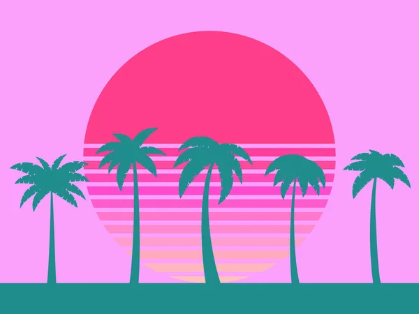 日没の80レトロなSfヤシの木 ヤシの木とレトロな未来的な太陽 夏時間だ