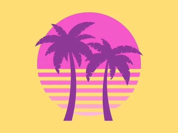 Twee Palmbomen Bij Zonsondergang Geïsoleerd Witte Achtergrond Zomer Tropische Zonsondergang — Stockvector