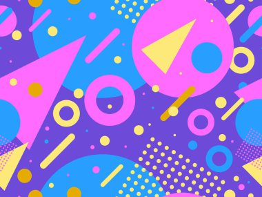 80 'lerin tarzında, geometrik şekilli, kusursuz Memphis deseni. Broşürler, afişler ve tanıtım ürünleri için soyut renkli arkaplan tasarımı. Vektör illüstrasyonu