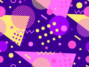 80 'lerin tarzında, geometrik şekilli, kusursuz Memphis deseni. Broşürler, afişler ve tanıtım ürünleri için soyut renkli arkaplan tasarımı. Vektör illüstrasyonu