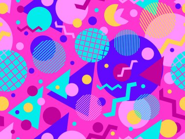 80 'lerin tarzında, geometrik şekilli, kusursuz Memphis deseni. Broşürler, afişler ve tanıtım ürünleri için soyut renkli arkaplan tasarımı. Vektör illüstrasyonu