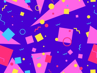 80 'lerin tarzında, geometrik şekilli, kusursuz Memphis deseni. Broşürler, afişler ve tanıtım ürünleri için soyut renkli arkaplan tasarımı. Vektör illüstrasyonu