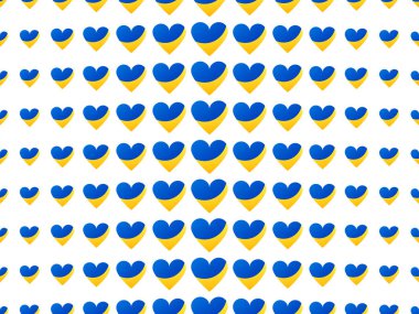 Sarı ve mavi renkli Ukrayna bayrağı taşıyan kalpler. Kalpler Ukrayna 'yı destekliyor. Reklam ürünlerinin afişleri, posterleri ve basımı için pop sanat tasarımı. Vektör illüstrasyonu