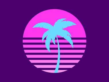 Gün batımında 80 'lerin tarzında palmiye ağacı. Yaz zamanı. Pembe güneşin arka planında mavi avuç içi, sentetik dalga tarzı. Reklam broşürleri ve afişler için tasarım. Vektör illüstrasyonu