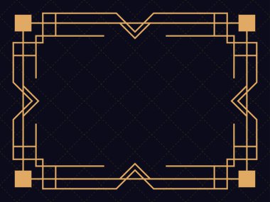 Art deco çerçeve. Klasik doğrusal sınır. Davetiyeler, broşürler ve tebrik kartları için bir şablon tasarla. Geometrik altın çerçeveli. 1920 'lerin tarzı - 1930' lar. Vektör illüstrasyonu