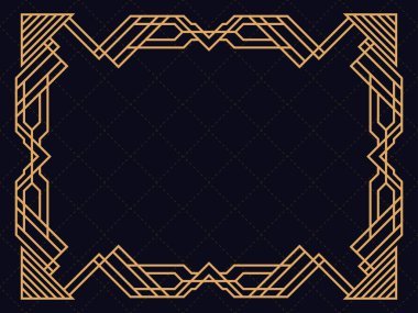 Art deco çerçeve. Klasik doğrusal sınır. Davetiyeler, broşürler ve tebrik kartları için bir şablon tasarla. Geometrik altın çerçeveli. 1920 'lerin tarzı - 1930' lar. Vektör illüstrasyonu