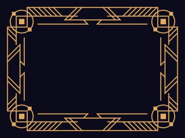Art deco çerçeve. Klasik doğrusal sınır. Davetiyeler, broşürler ve tebrik kartları için bir şablon tasarla. Geometrik altın çerçeveli. 1920 'lerin tarzı - 1930' lar. Vektör illüstrasyonu