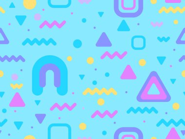 80 'lerin tarzında, geometrik şekilli, kusursuz Memphis deseni. Broşürler, afişler ve tanıtım ürünleri için soyut renkli arkaplan tasarımı. Vektör illüstrasyonu