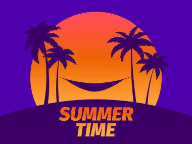 Gün batımında palmiye ağaçları arasındaki hamak. Yaz tatili, sahil tatili, Miami. Güneşin batışına karşı palmiye ağaçları. Reklam broşürleri, afişler, posterler, seyahat acenteleri için tasarım. Vektör illüstrasyonu