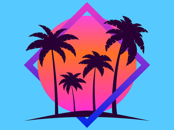 80s palm trees at sunset. Summer time. Retro futuristic sun. Synthwave and retrowave style. Design for advertising brochures, banners and posters. Vector illustration