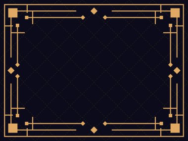 Art deco çerçeve. Klasik doğrusal sınır. Davetiyeler, broşürler ve tebrik kartları için bir şablon tasarla. Geometrik altın çerçeveli. 1920 'lerin tarzı - 1930' lar. Vektör illüstrasyonu