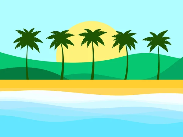 Plage Avec Palmiers Soleil Collines Verdoyantes Heure Été Paysage Tropical — Image vectorielle