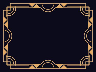Art deco çerçeve. Klasik doğrusal sınır. Davetiyeler, broşürler ve tebrik kartları için bir şablon tasarla. Geometrik altın çerçeveli. 1920 'lerin tarzı - 1930' lar. Vektör illüstrasyonu