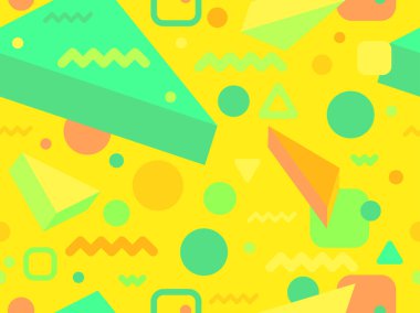 80 'lerin memphis tarzında geometrik kusursuz desen. İzometrik geometrik üç boyutlu şekiller. Kağıt, promosyon malzemesi ve kumaş basımı için modaya uygun bir geçmişe dönüş. Vektör illüstrasyonu