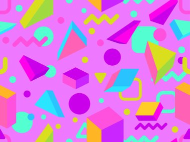 80 'lerin memphis tarzında geometrik kusursuz desen. İzometrik geometrik üç boyutlu şekiller. Kağıt, promosyon malzemesi ve kumaş basımı için modaya uygun bir geçmişe dönüş. Vektör illüstrasyonu