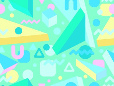 80 'lerin memphis tarzında geometrik kusursuz desen. İzometrik geometrik üç boyutlu şekiller. Kağıt, promosyon malzemesi ve kumaş basımı için modaya uygun bir geçmişe dönüş. Vektör illüstrasyonu