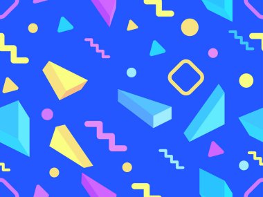80 'lerin memphis tarzında geometrik kusursuz desen. İzometrik geometrik üç boyutlu şekiller. Kağıt, promosyon malzemesi ve kumaş basımı için modaya uygun bir geçmişe dönüş. Vektör illüstrasyonu