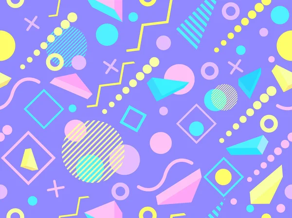 80 'lerin memphis tarzında geometrik kusursuz desen. İzometrik geometrik üç boyutlu şekiller. Kağıt, promosyon malzemesi ve kumaş basımı için modaya uygun bir geçmişe dönüş. Vektör illüstrasyonu