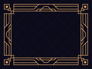 Art deco çerçeve. Klasik doğrusal sınır. Davetiyeler, broşürler ve tebrik kartları için bir şablon tasarla. Geometrik altın çerçeveli. 1920 'lerin tarzı - 1930' lar. Vektör illüstrasyonu