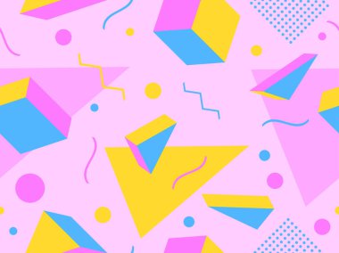 3D ve 2D geometrik şekiller 80 'lerin tarzında kusursuz desenler. Geometrik şekilleri ve canlı renkleri olan Memphis tarzı elementler. Promosyon ürünleri, afişler ve posterler için tasarım. Vektör illüstrasyonu