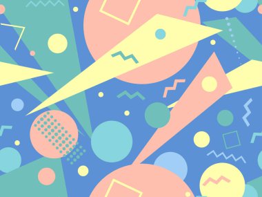 80 'lerin tarzında, geometrik şekilli, kusursuz Memphis deseni. Geometrik retro model. Broşürler, afişler ve tanıtım ürünleri için soyut arkaplan tasarımı. Vektör illüstrasyonu