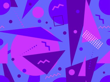 80 'lerin tarzında, geometrik şekilli, kusursuz Memphis deseni. Geometrik retro model. Broşürler, afişler ve tanıtım ürünleri için soyut arkaplan tasarımı. Vektör illüstrasyonu