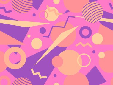 80 'lerin tarzında, geometrik şekilli, kusursuz Memphis deseni. Geometrik retro model. Broşürler, afişler ve tanıtım ürünleri için soyut arkaplan tasarımı. Vektör illüstrasyonu