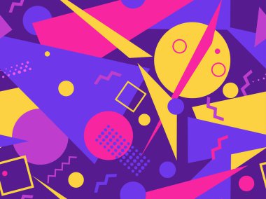 80 'lerin tarzında, geometrik şekilli, kusursuz Memphis deseni. Geometrik retro model. Broşürler, afişler ve tanıtım ürünleri için soyut arkaplan tasarımı. Vektör illüstrasyonu