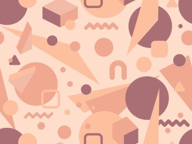 80 'lerin memphis tarzında geometrik kusursuz desen. İzometrik geometrik üç boyutlu şekiller. Kağıt, promosyon malzemesi ve kumaş basımı için modaya uygun bir geçmişe dönüş. Vektör illüstrasyonu